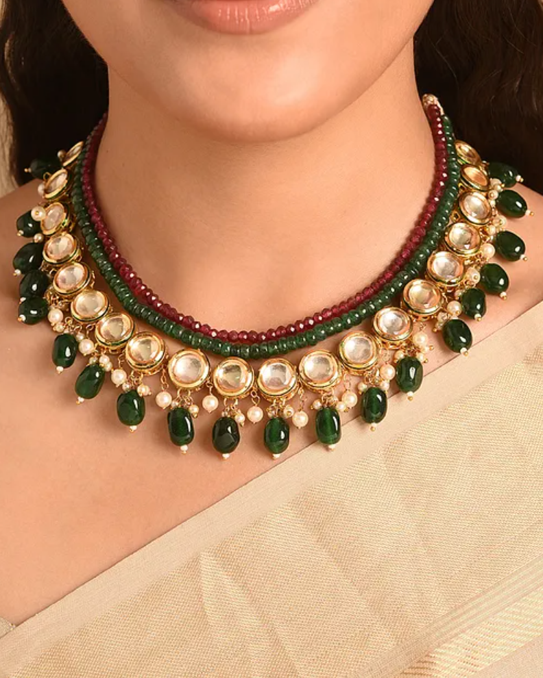 Green & Red Jade Kundan Short Necklace with Earrings