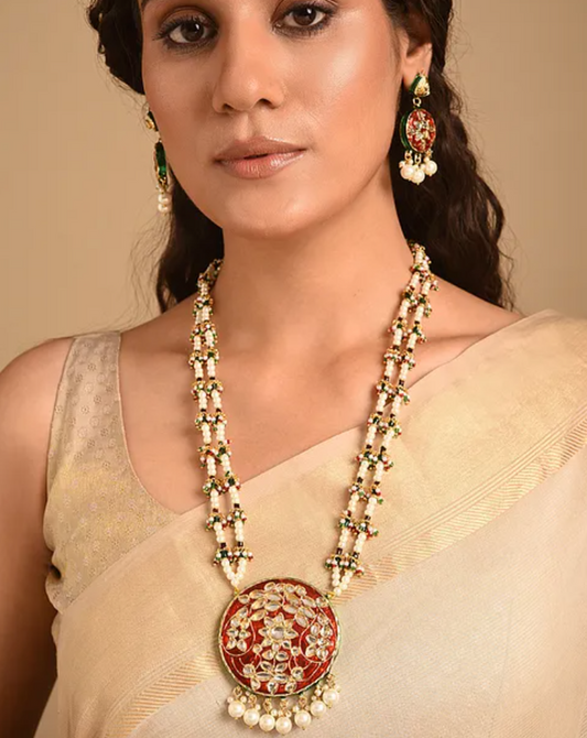 Pearls and Red Kundan Traditional Long Necklace and Earrings