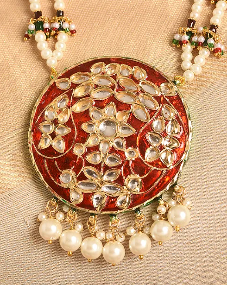 Pearls and Red Kundan Traditional Long Necklace and Earrings