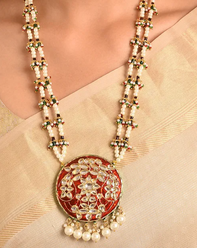 Pearls and Red Kundan Traditional Long Necklace and Earrings