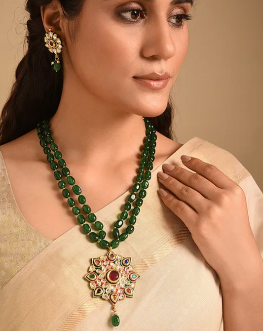 Navratan Pendant with Green Quartz Semi Precious Stones Necklace with Earrings