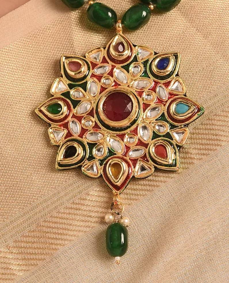 Navratan Pendant with Green Quartz Semi Precious Stones Necklace with Earrings