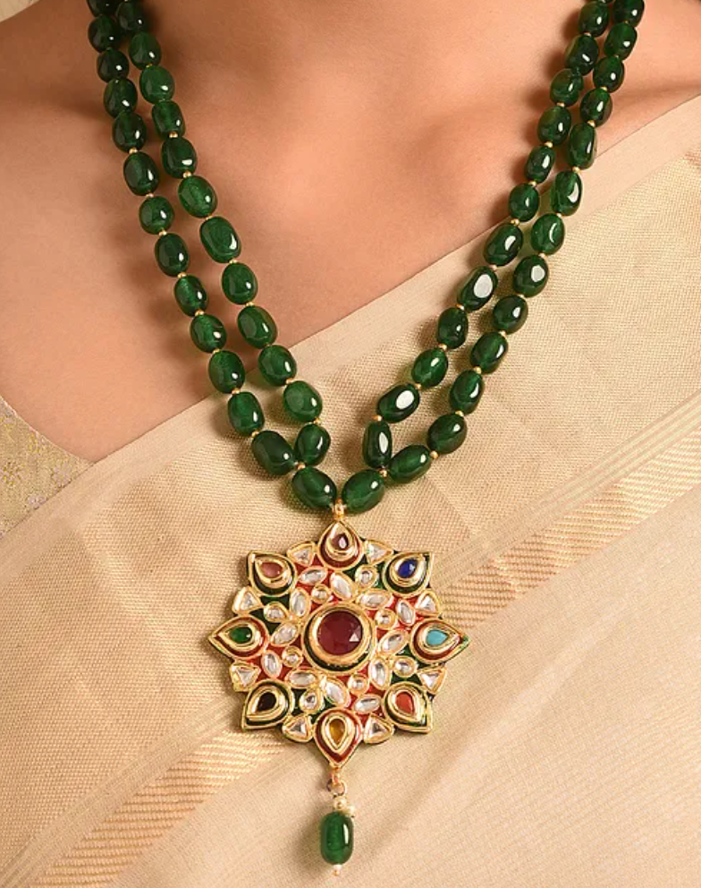 Navratan Pendant with Green Quartz Semi Precious Stones Necklace with Earrings