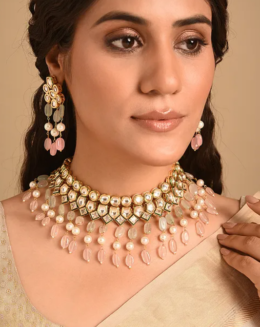 Mint and Rose Kundan Necklace with Earrings