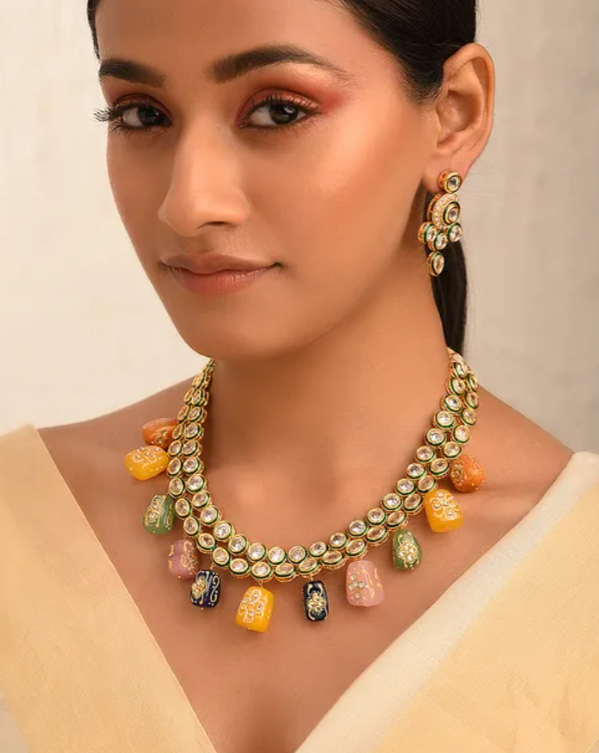 Polki Necklace and Earrings with Meenakari Beads