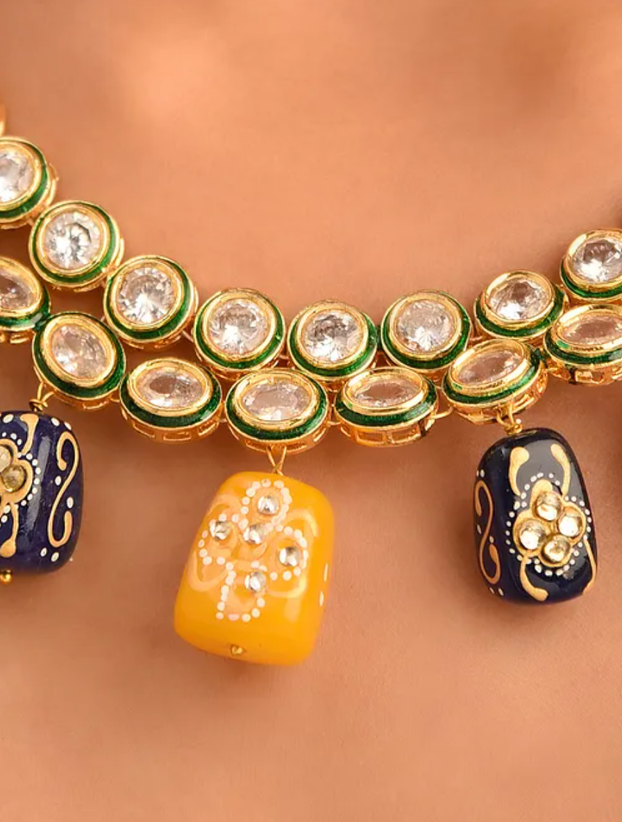 Polki Necklace and Earrings with Meenakari Beads