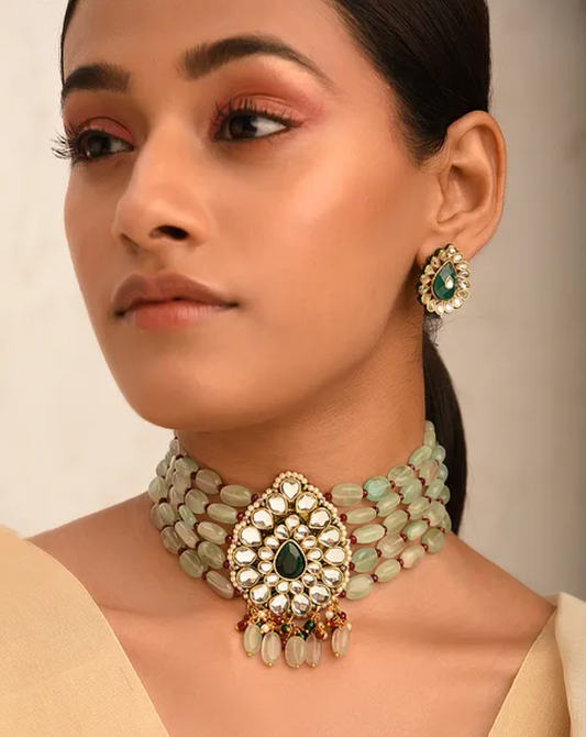 Jodha Mint Quartz Choker with Earrings