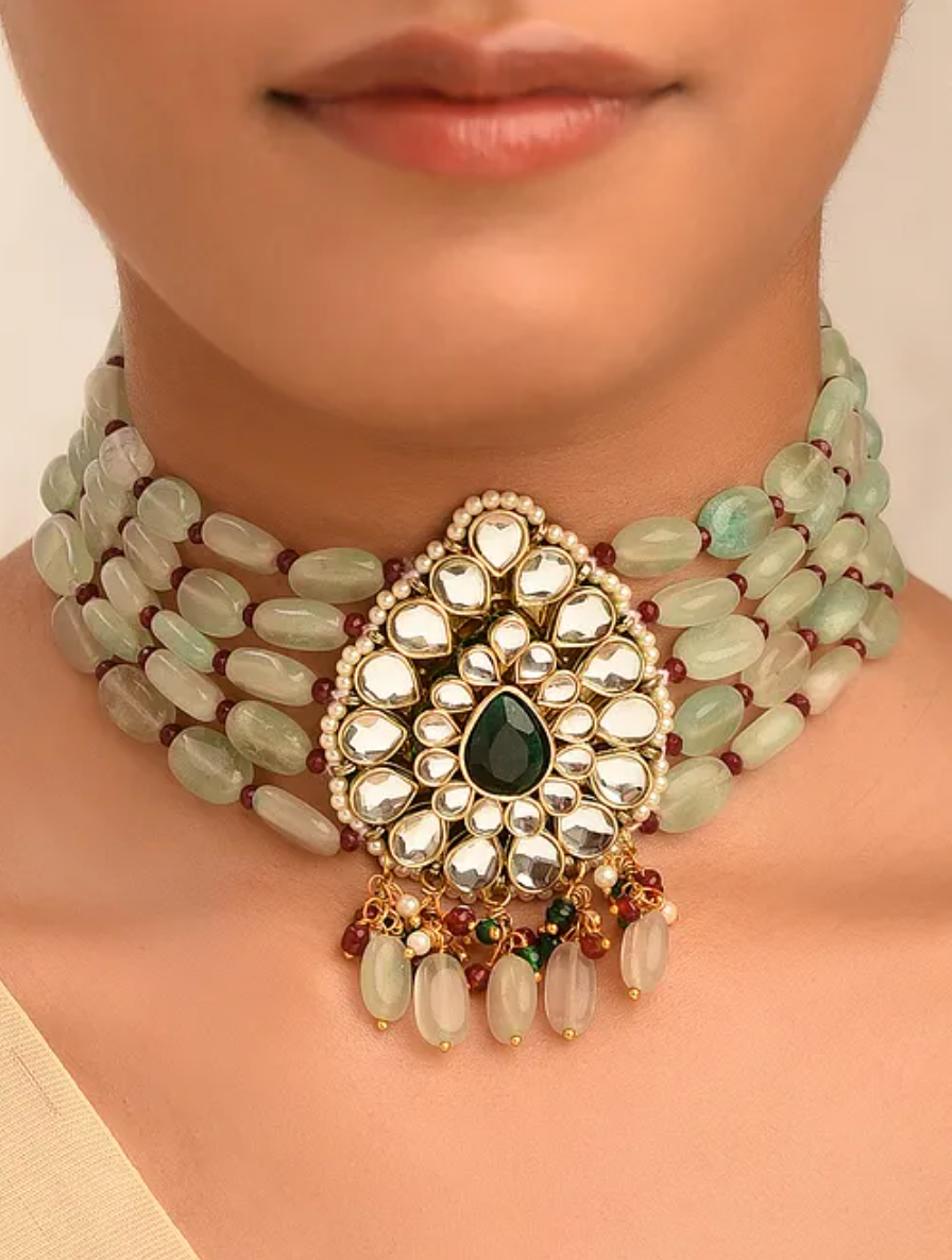 Jodha Mint Quartz Choker with Earrings