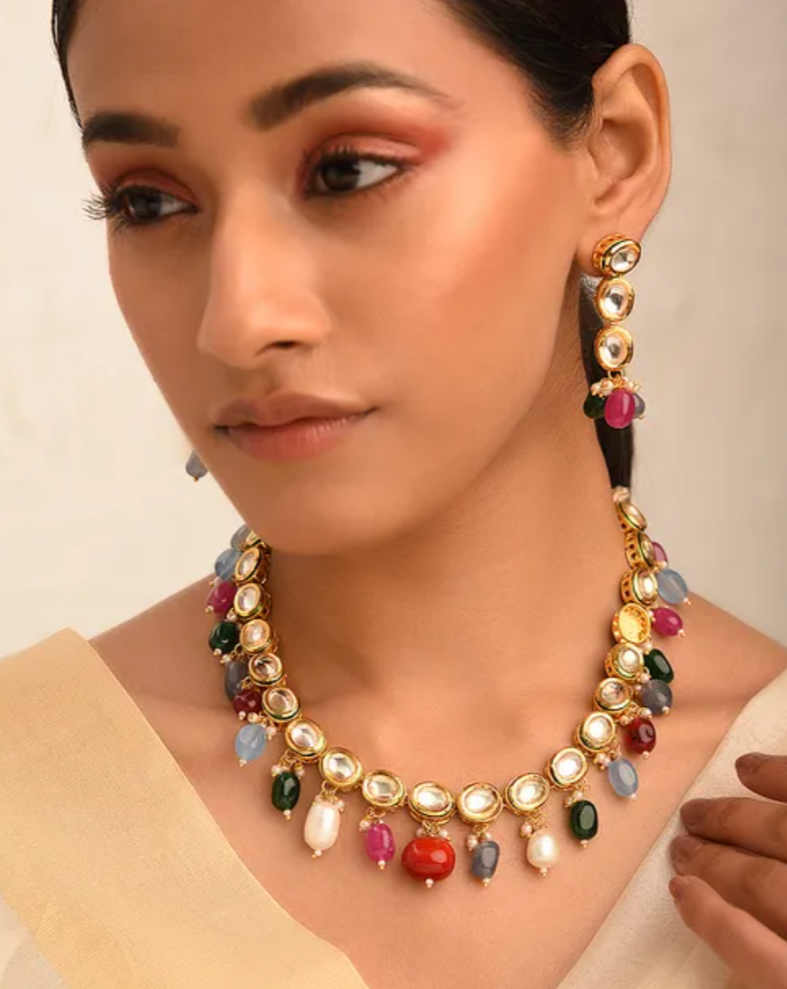 Multicolored Kundan Necklace with Earrings