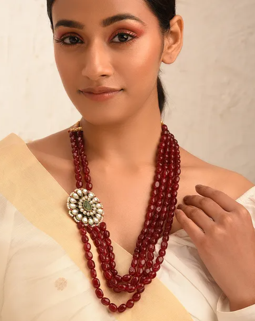 Red Quartz and Side Brooch Long Necklace