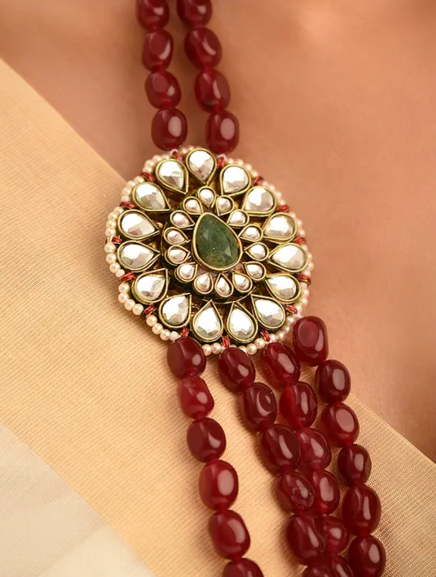 Red Quartz and Side Brooch Long Necklace