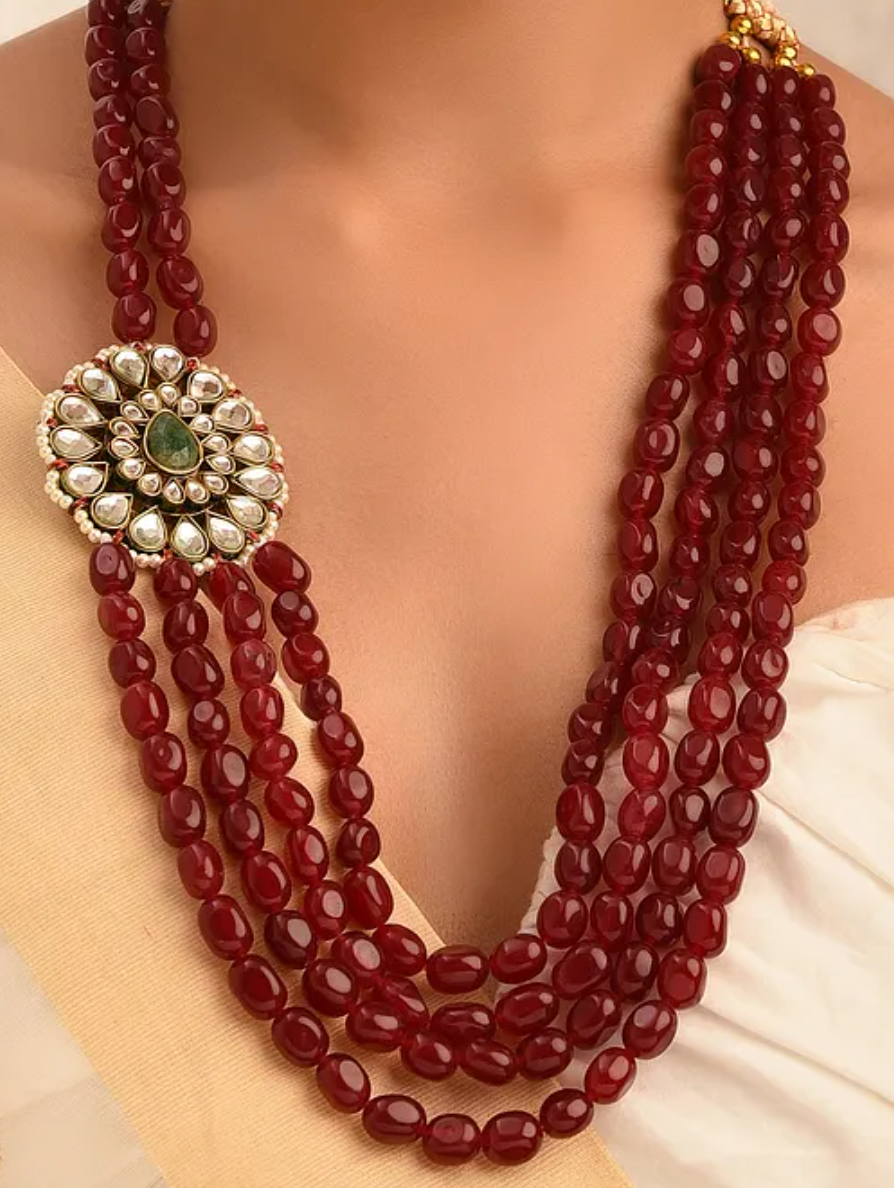 Red Quartz and Side Brooch Long Necklace