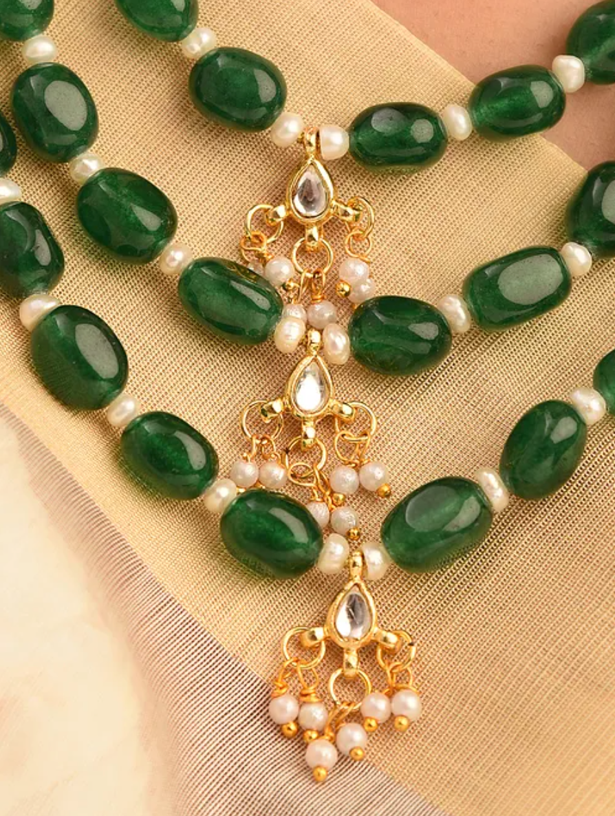 Green Quartz and Onyx Statement Long Necklace