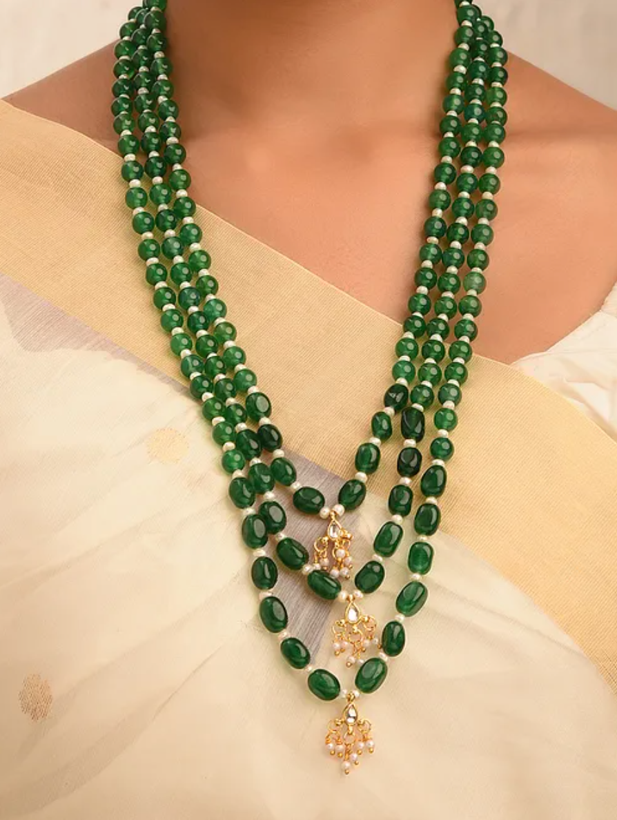 Green Quartz and Onyx Statement Long Necklace