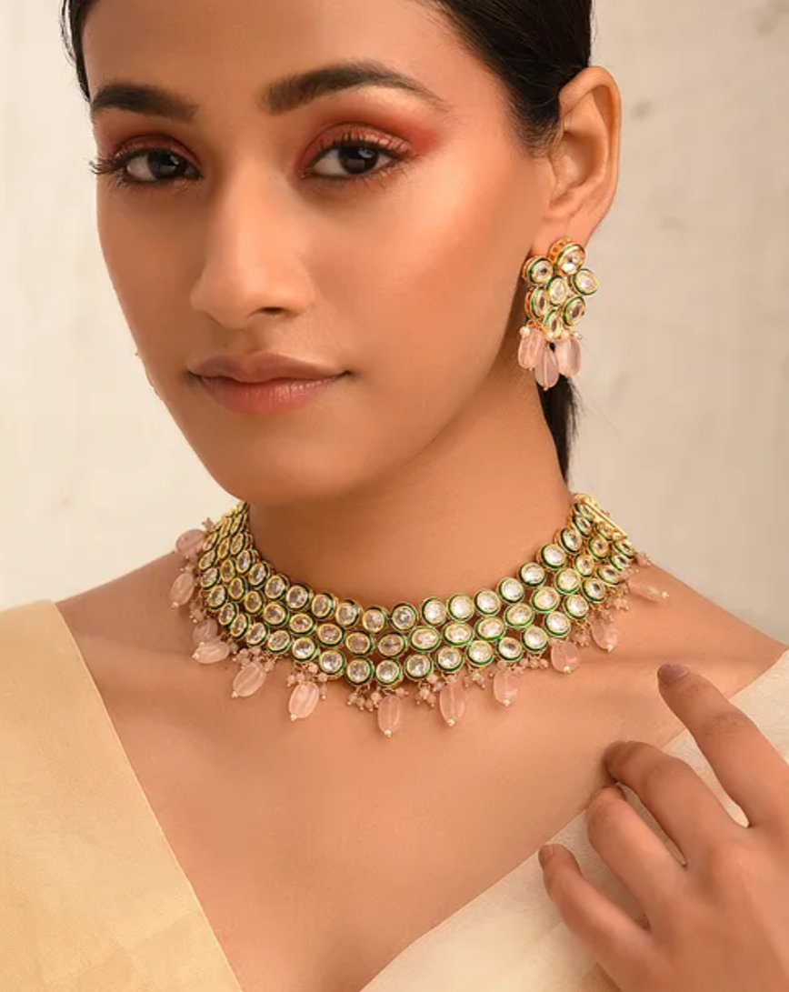 Kundan & Rose Quartz Choker with Earrings