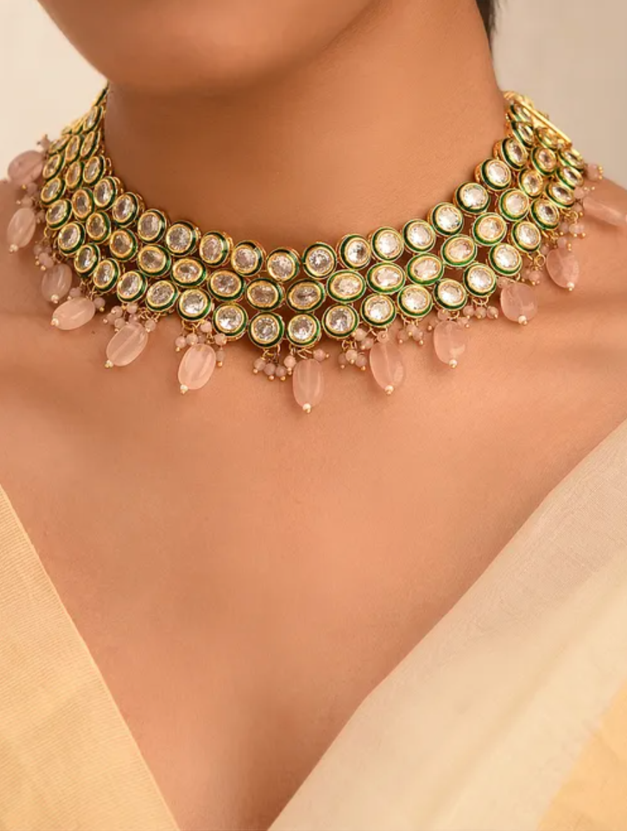 Kundan & Rose Quartz Choker with Earrings