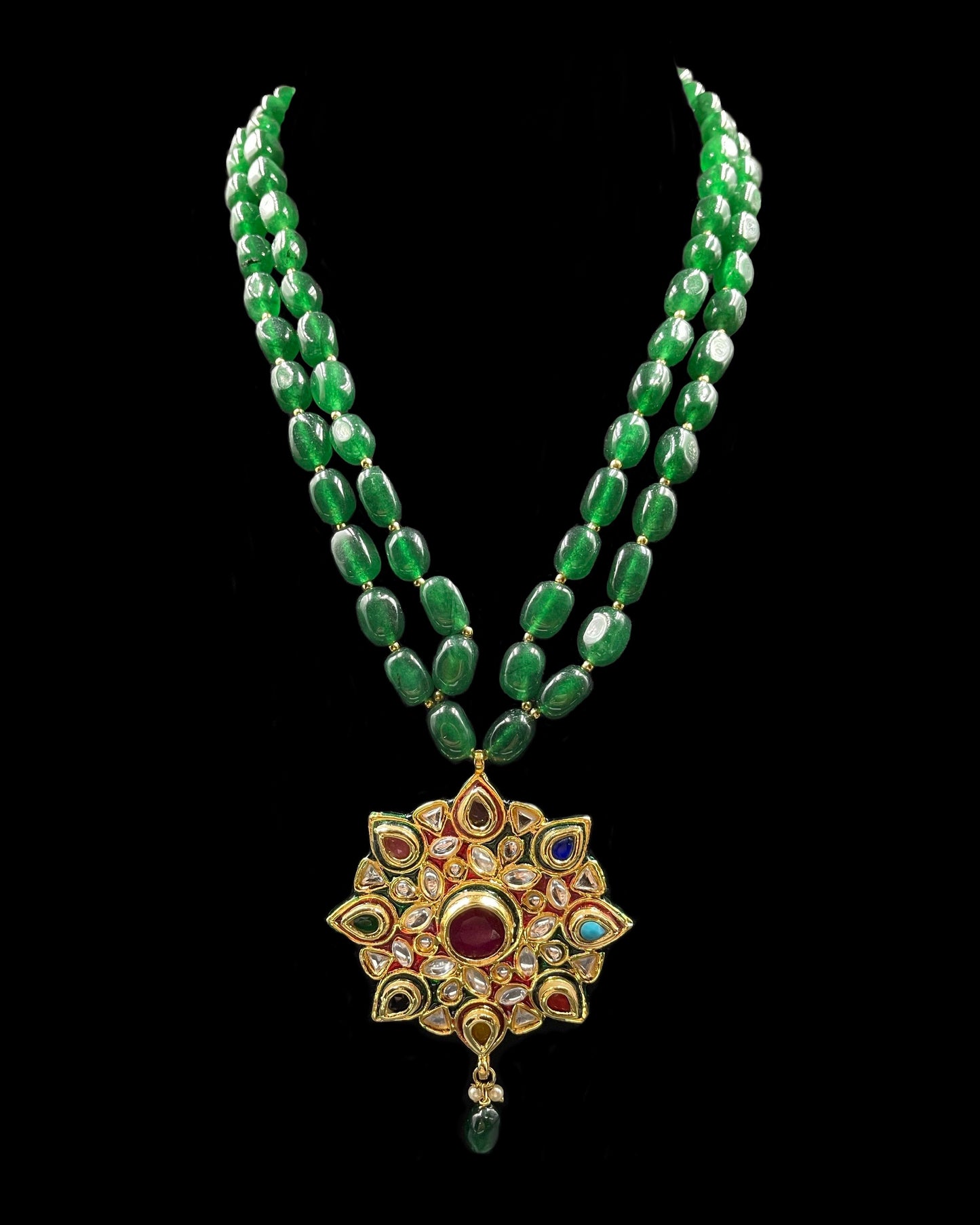 Navratan Pendant with Green Quartz Semi Precious Stones Necklace with Earrings