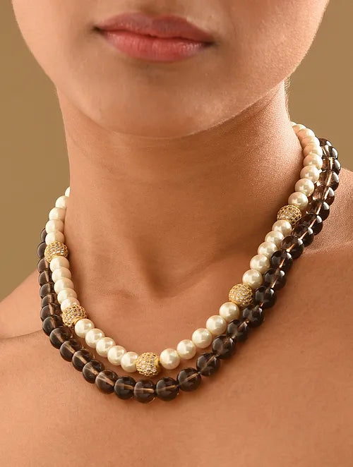 Double Line Smoky Topaz & White Shell Pearl Necklace with Swarovski Crytals