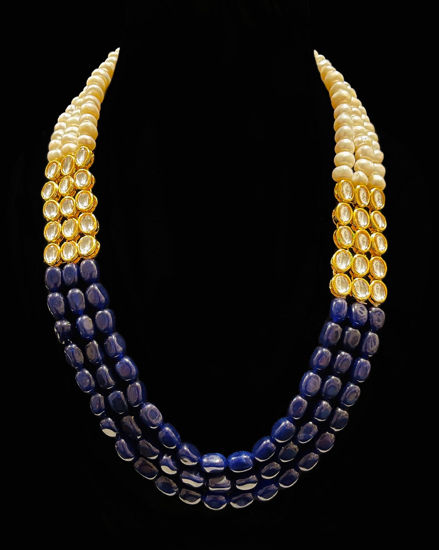 Blue Quartz, Kundan and Freshwater Pearls Necklace with Earrings