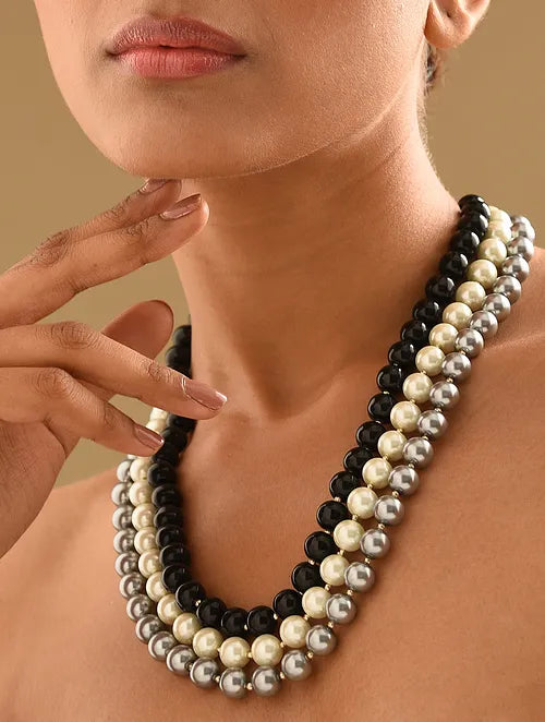 Shell Pearl & Onyx Triple Line Necklace