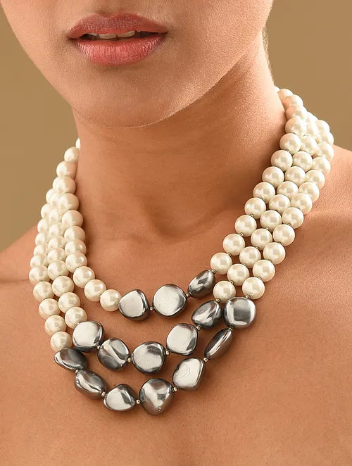 White and Grey Shell Pearls Triple Line Necklace