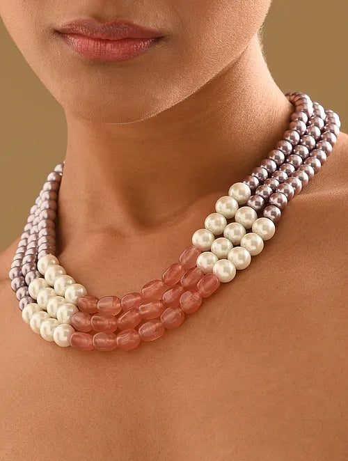 Shell Pearls & Semiprecious Quartz Triple Line Necklace