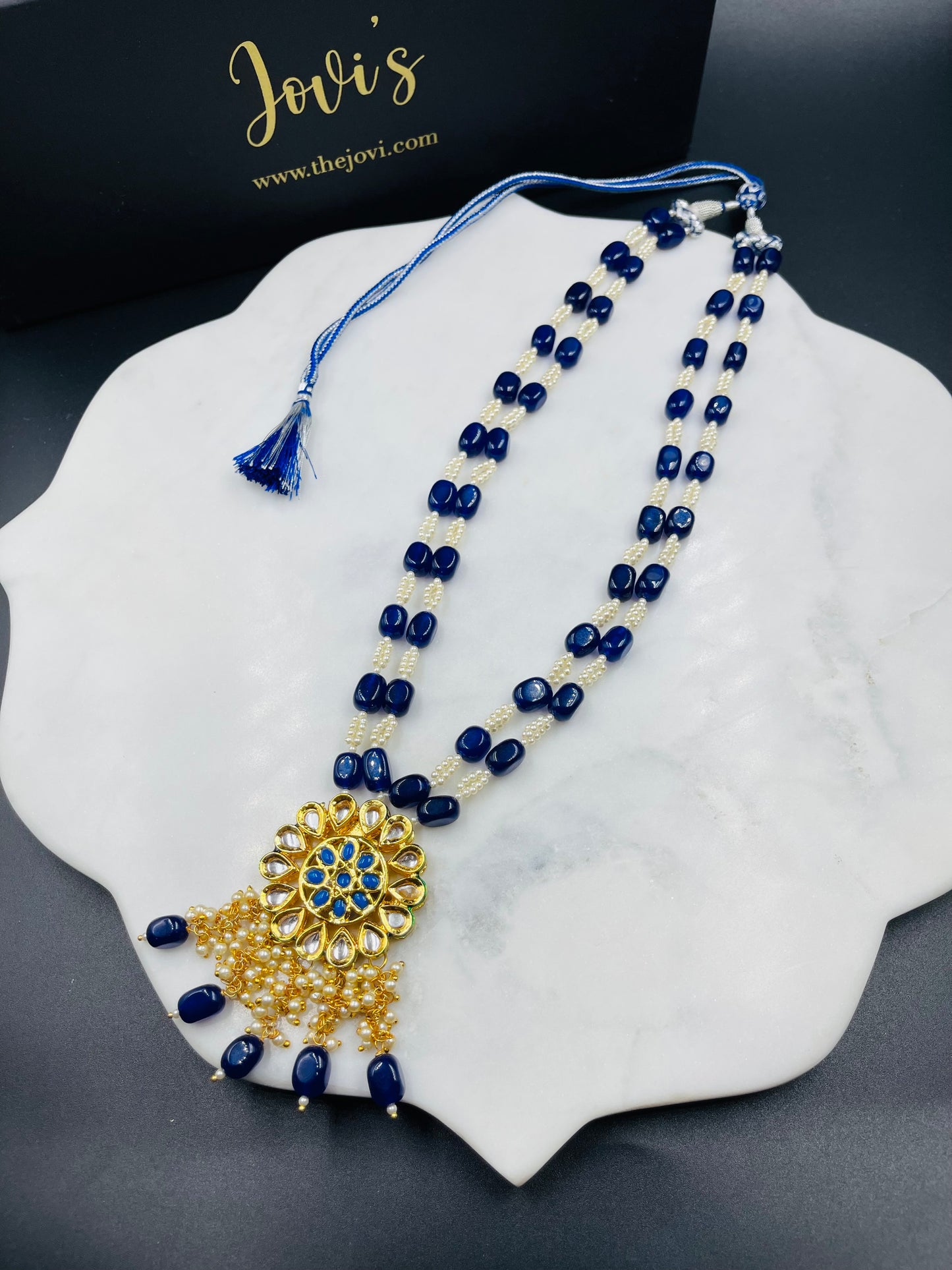 Blue Quartz Double Line Kundan Necklace with Pearls