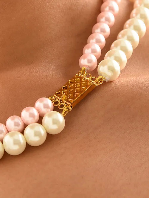 Double Line Pink & White Shell Pearl Necklace with Swarovski Crytals