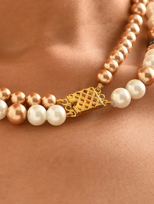 Double Line Shell Pearls Necklace with Crystal Accessories