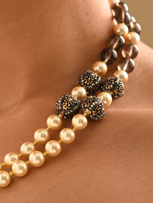 Double Line Shell Pearl and Smoky Topaz Necklace