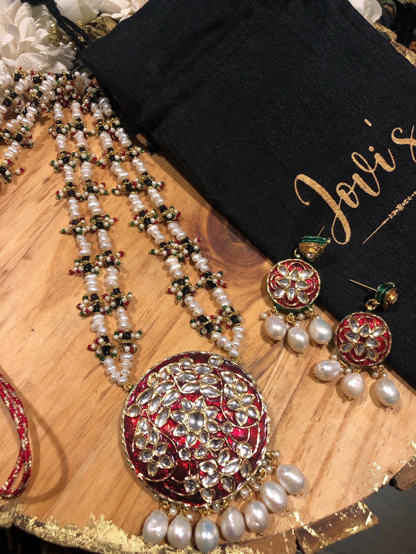 Pearls and Red Kundan Traditional Long Necklace and Earrings