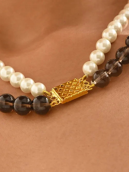 Double Line Smoky Topaz & White Shell Pearl Necklace with Swarovski Crytals