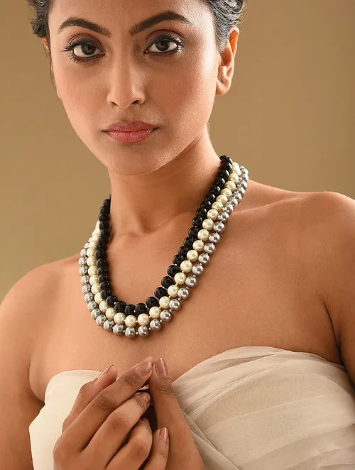 Shell Pearl & Onyx Triple Line Necklace