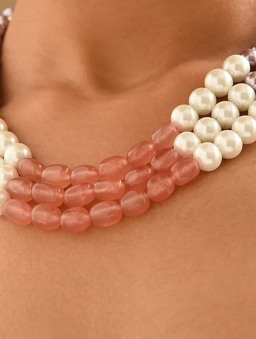 Shell Pearls & Semiprecious Quartz Triple Line Necklace