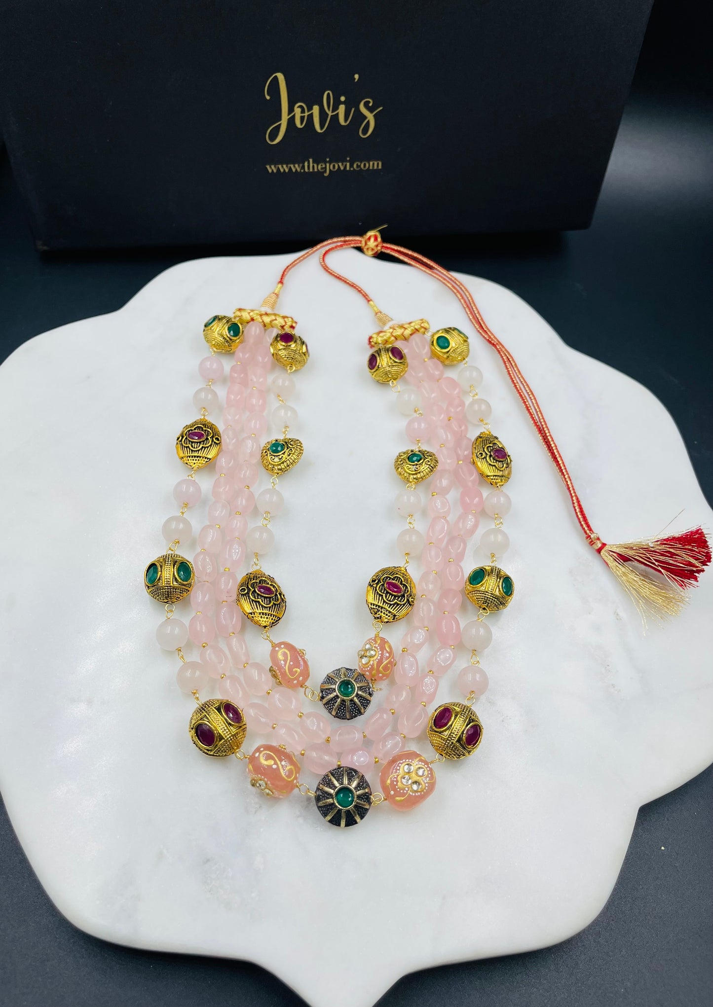 Rose Quartz & Gold Four Line Necklace