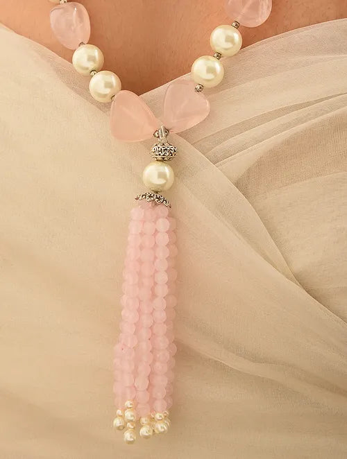 Pink Quartz and Pearl Necklace with Tassels