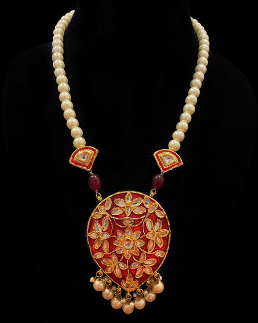 Pearls and Red Kundan Traditional Long Necklace and Earrings