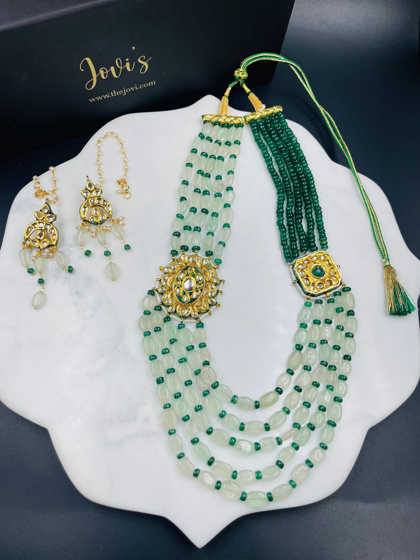 Green Kundan Necklace & Earrings with Mint Quartz & Aventurine Semiprecious Stones