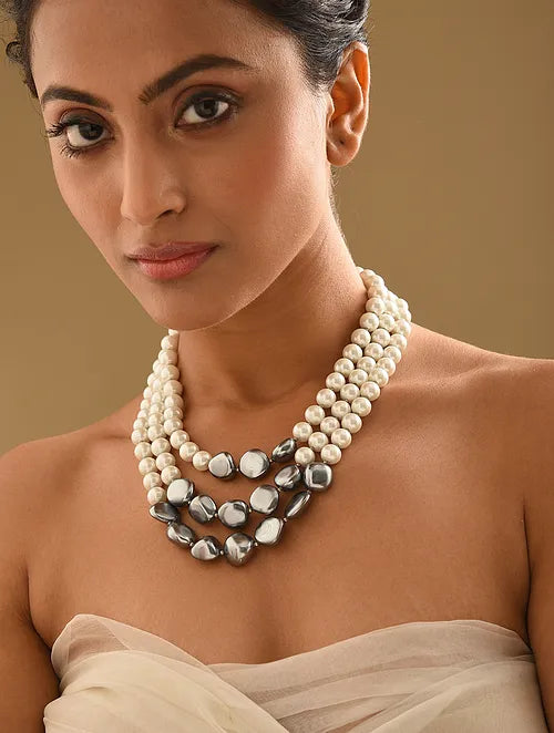 White and Grey Shell Pearls Triple Line Necklace