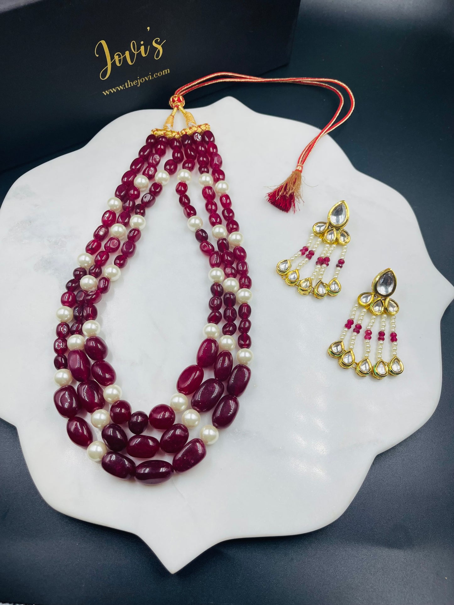 Red Jade & Quartz with Shell Pearls Triple Line Necklace with Earrings