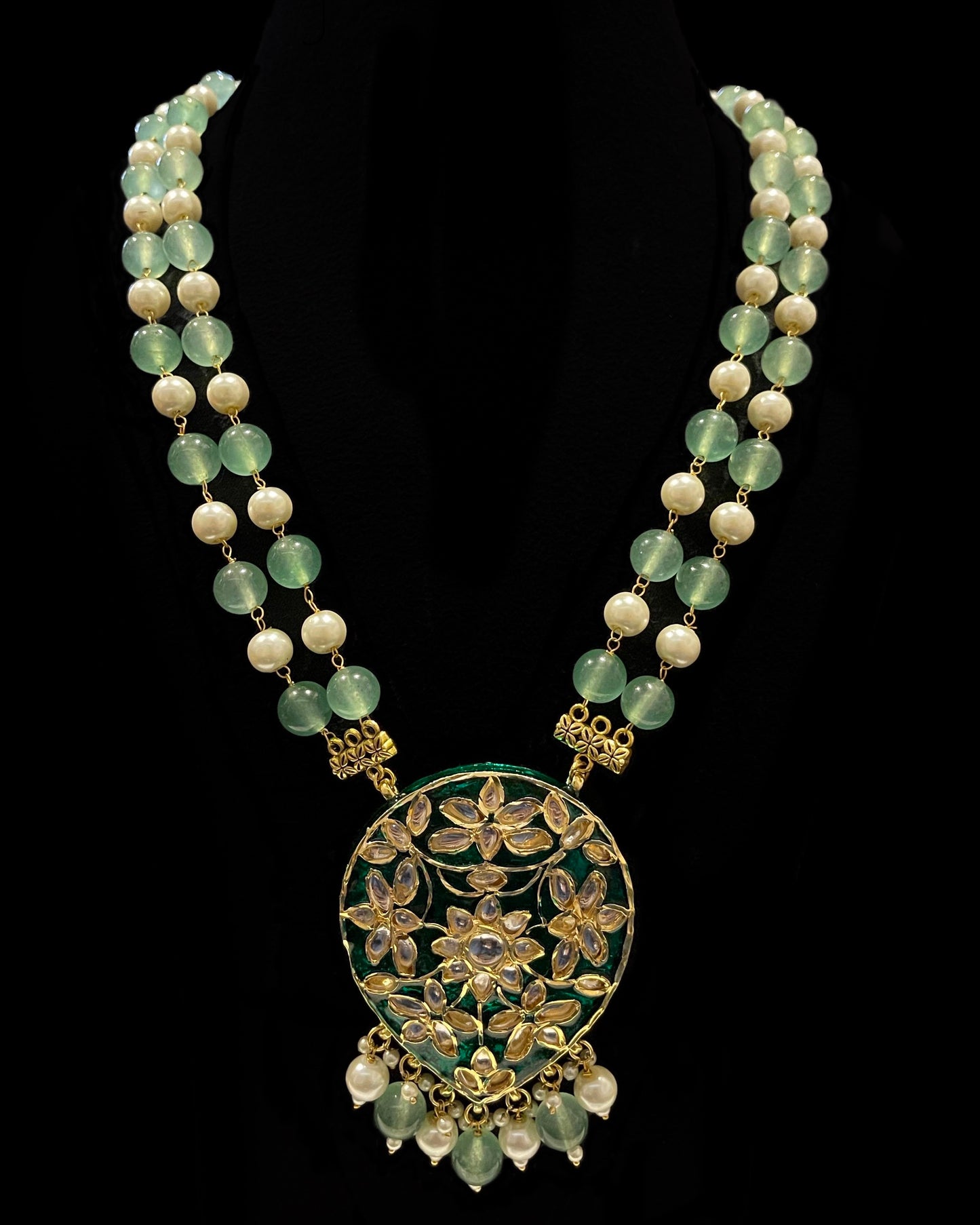 Green Kundan with Pearls and Onyx Traditional Long Necklace and Earrings