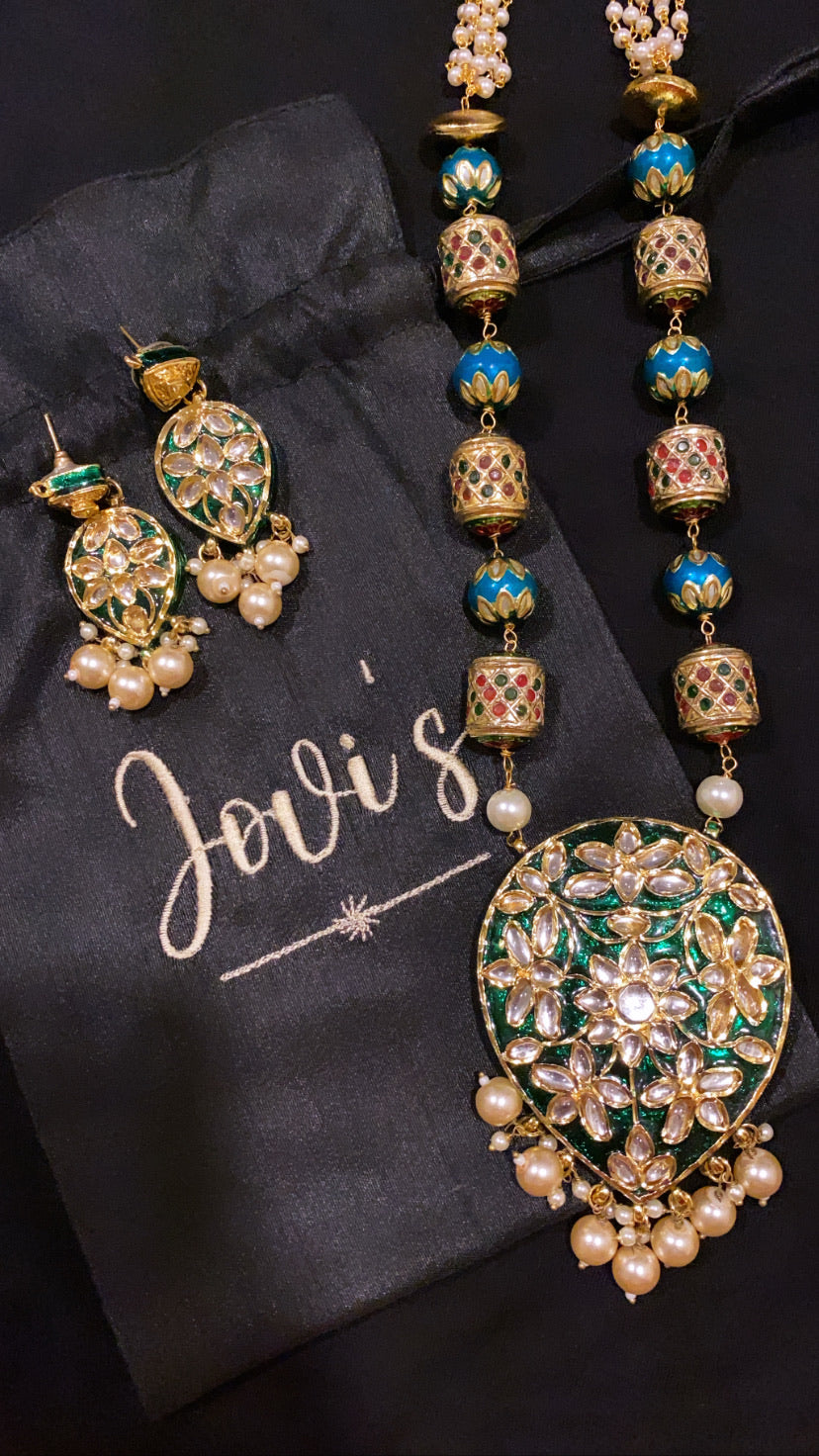 Green Kundan Traditional Long Necklace and Earrings