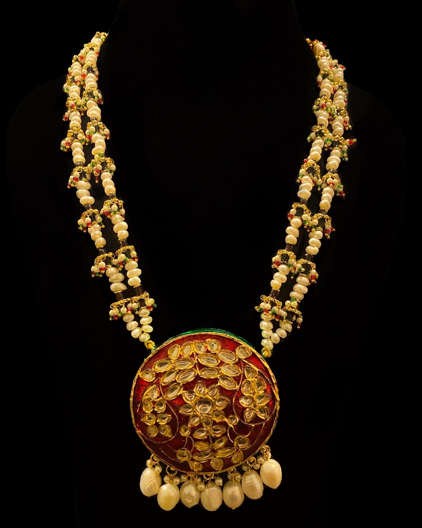 Pearls and Red Kundan Traditional Long Necklace and Earrings