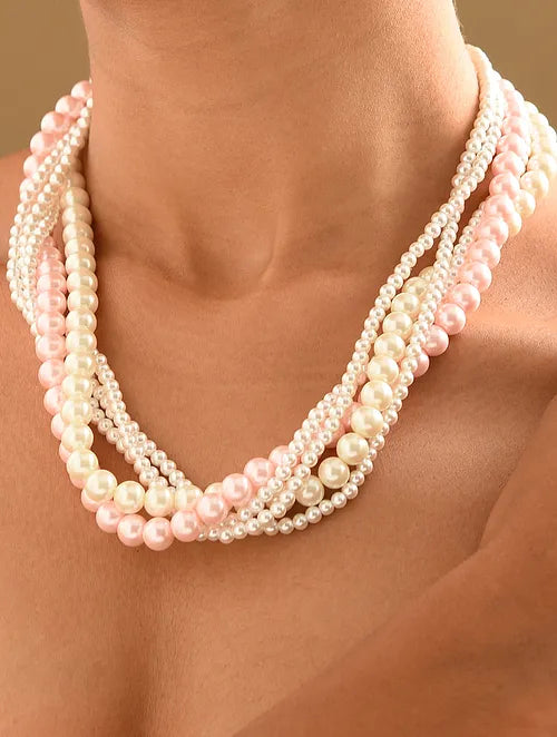 Pink and White Pearl Twisted Necklace