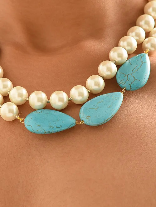 Shell Pearl & Turquoise Double Line Statement Necklace