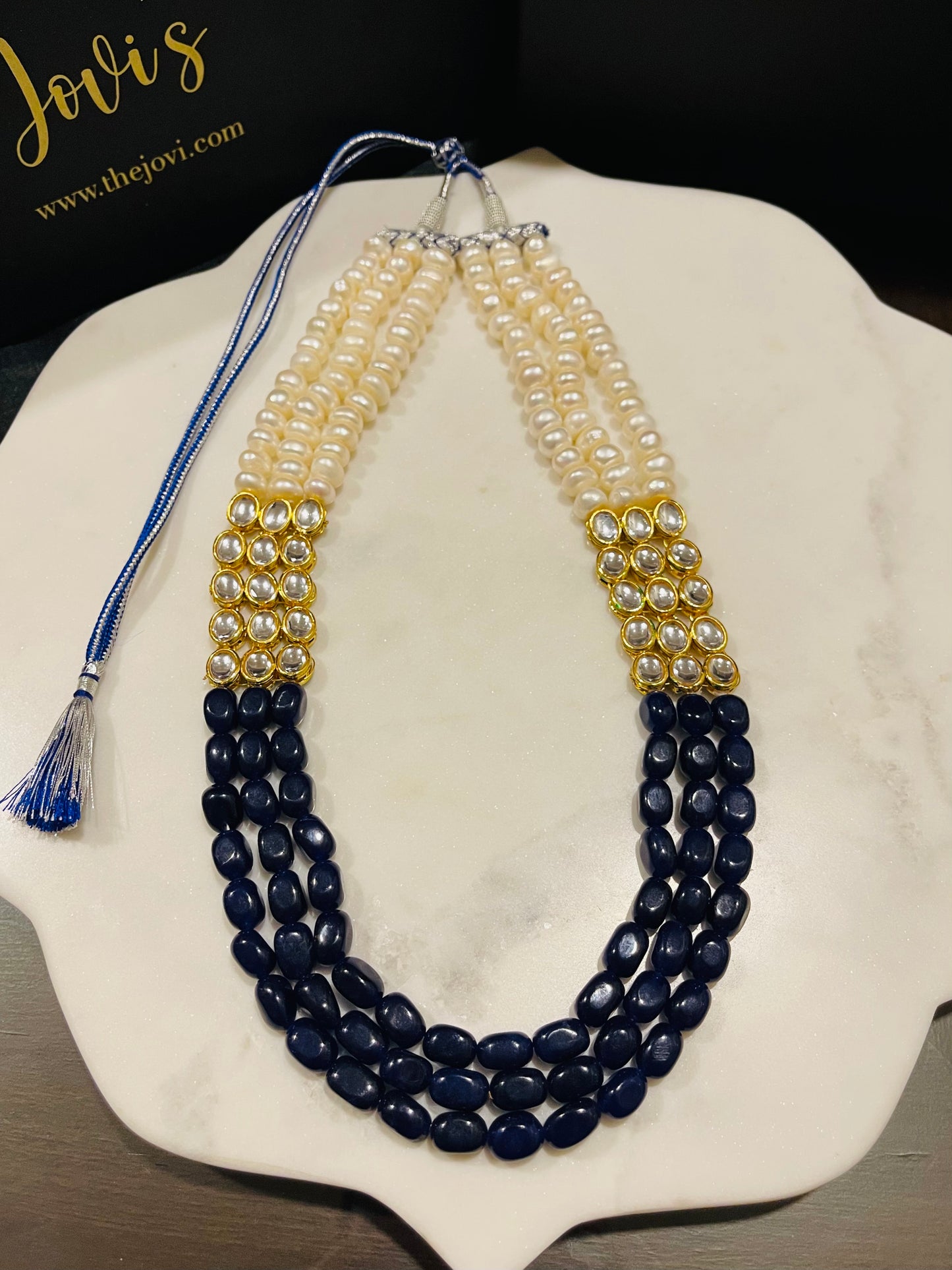 Blue Quartz, Kundan and Freshwater Pearls Necklace with Earrings