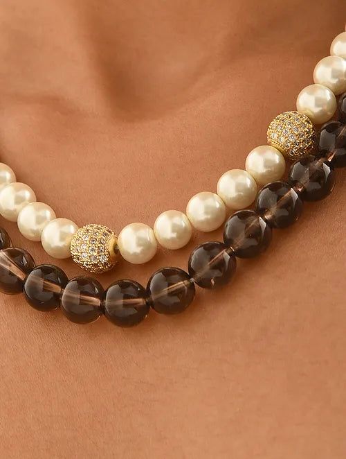 Double Line Smoky Topaz & White Shell Pearl Necklace with Swarovski Crytals