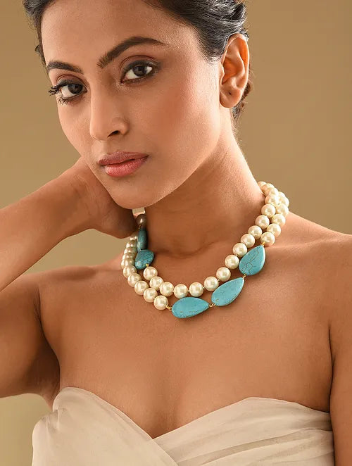 Shell Pearl & Turquoise Double Line Statement Necklace