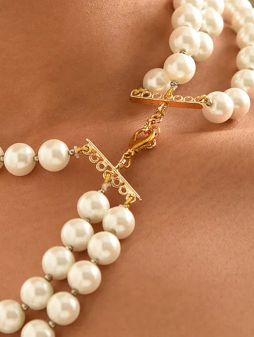 White and Grey Shell Pearls Triple Line Necklace