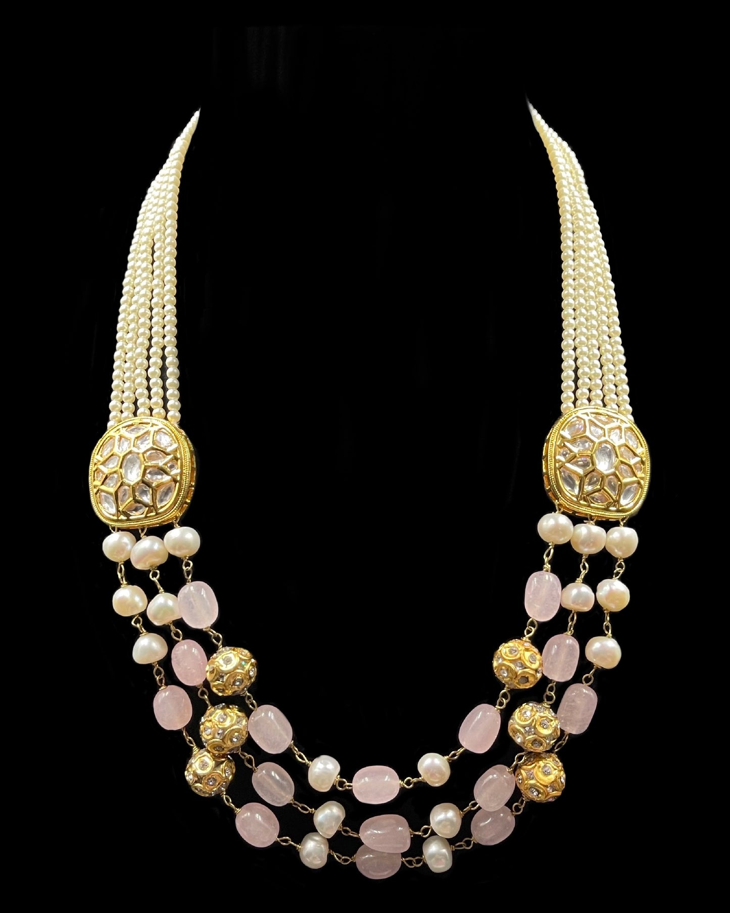 Freshwater Pearls and Rose Quartz Kundan Necklace with Earrings